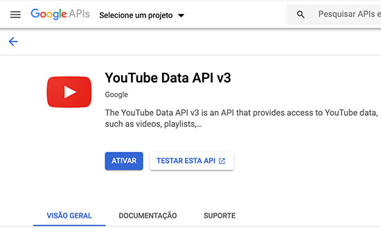 Ativando a YouTube Data API v3