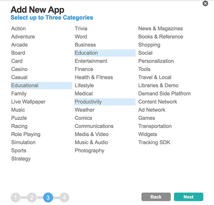 Selecionando a categoria de um novo aplicativo no Appnext