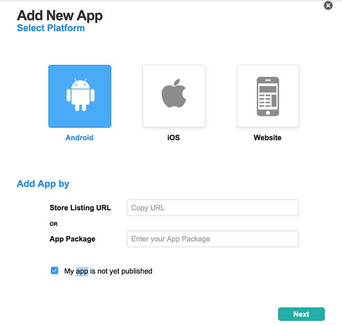Selecionando a plataforma de um novo aplicativo no Appnext