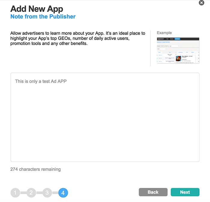 Descrição, para anunciantes, um novo aplicativo no Appnext