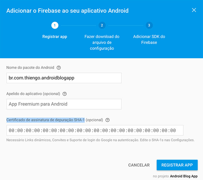 Formulário de adição de app Android ao Firebase