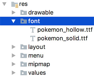 Fontes Pokémon na estrutura do projeto no Android Studio