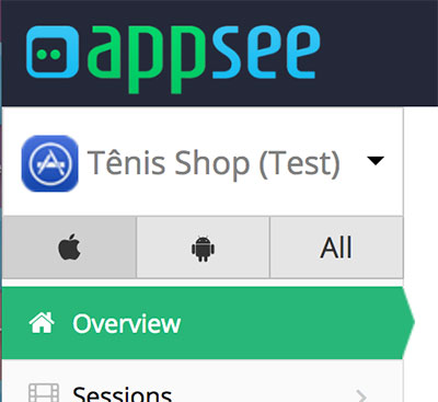 Seleção de app no AppSee