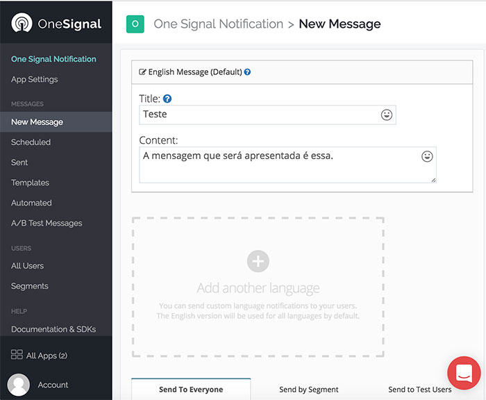 Dashboard do OneSignal para nova notificação