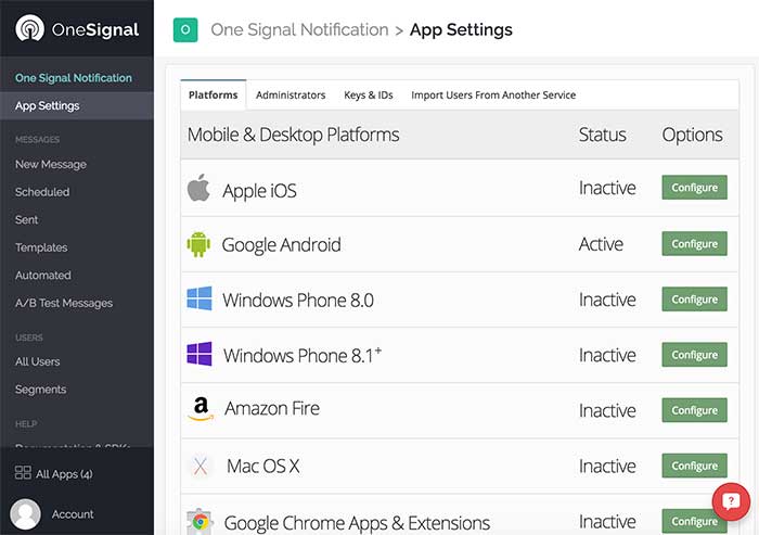 App Settings - Dashboard OneSignal