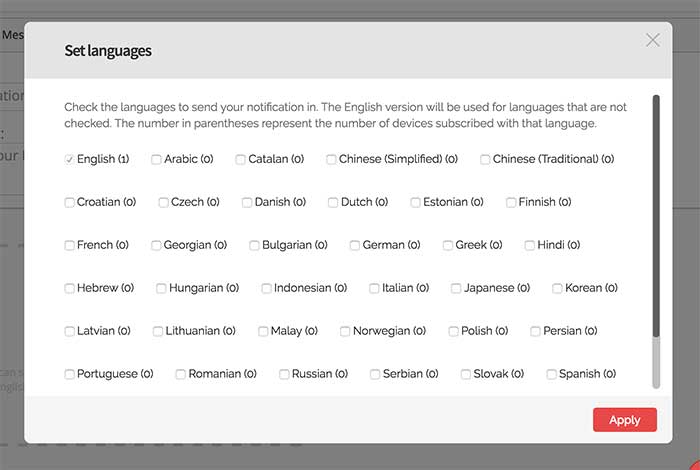 Escolhendo o idioma da notificação - Dashboard OneSignal