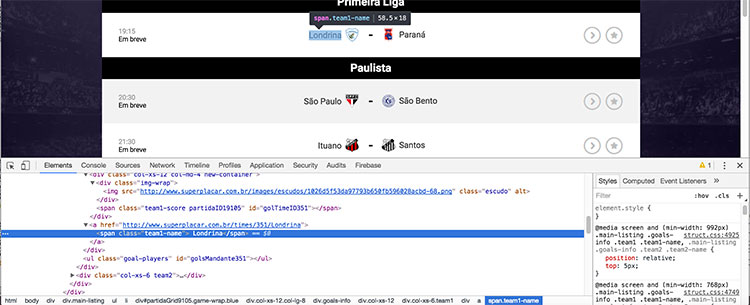 Home page do site SuperPlacar com a ferramenta de desenvolvedor do Google Chrome aberta
