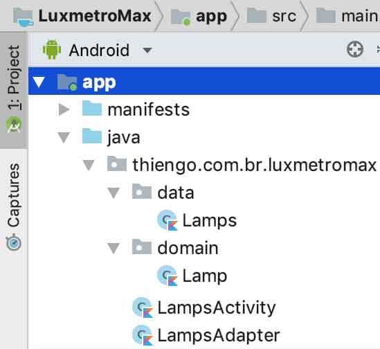 Arquitetura do projeto Luxímetro Max no Android Studio